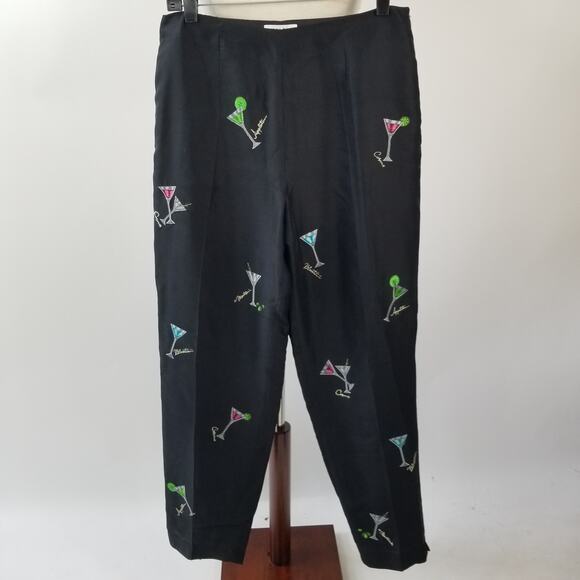SLB Black Silk Embroidered Cocktail Motif Pants Size 10 - Picture 1 of 6